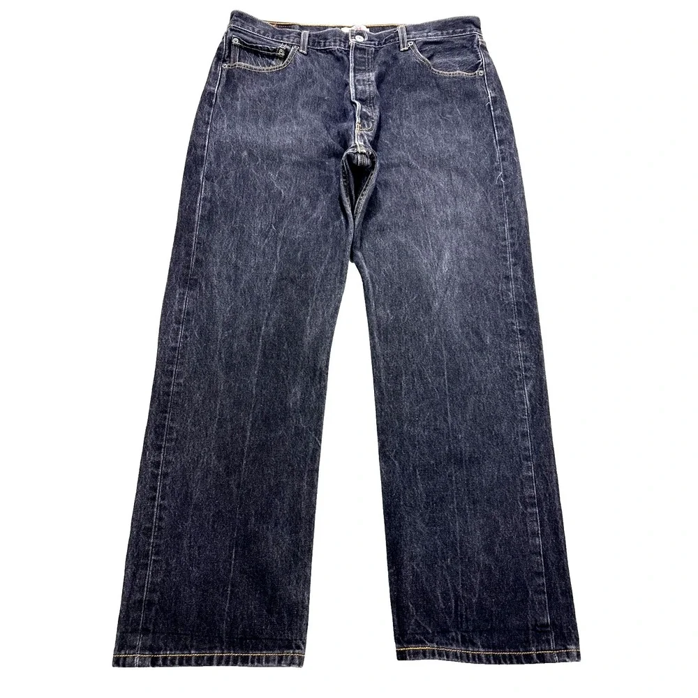 Levi's 501 Jeans Men 38x32 Black Straight Leg Button Fly Distressed Denim‎
